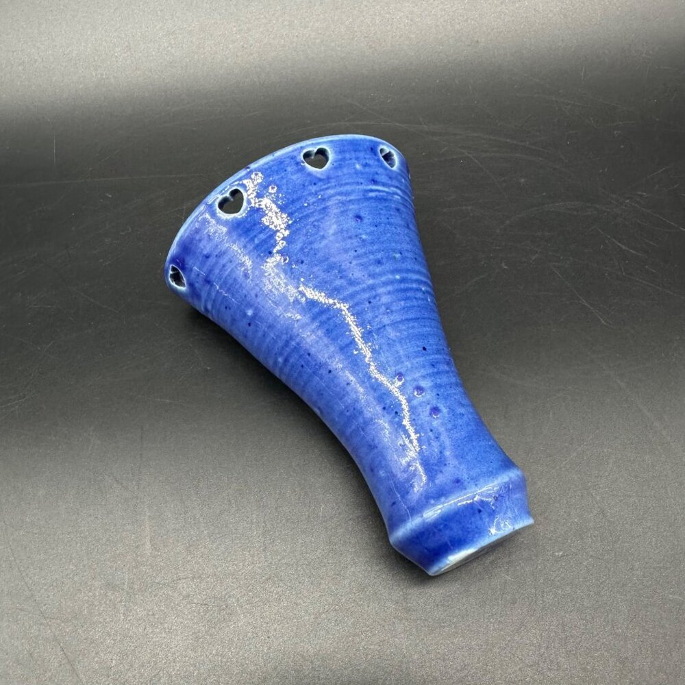 Art Pottery Wall Pocket Vase Blue Heart Cutouts Signed Handcrafted Hanging